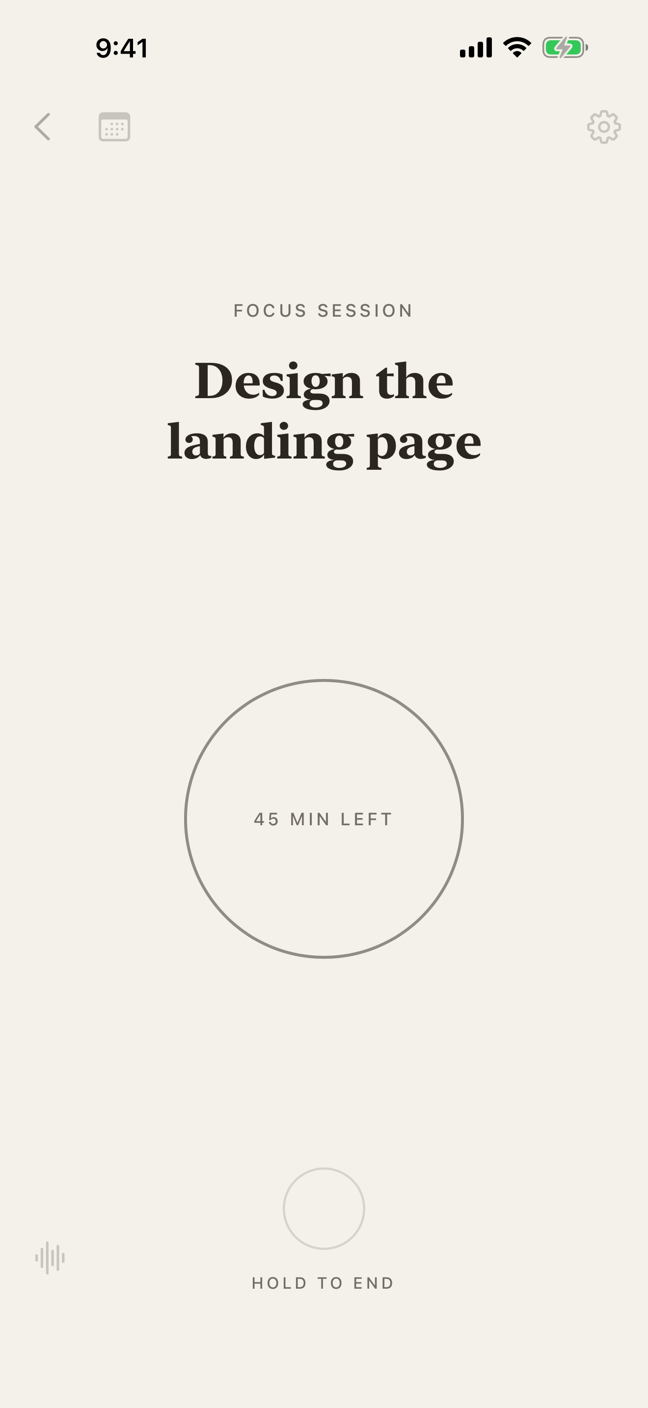 A focus session in progress: the words Design the landing page above a thin ring reading 45 minutes left